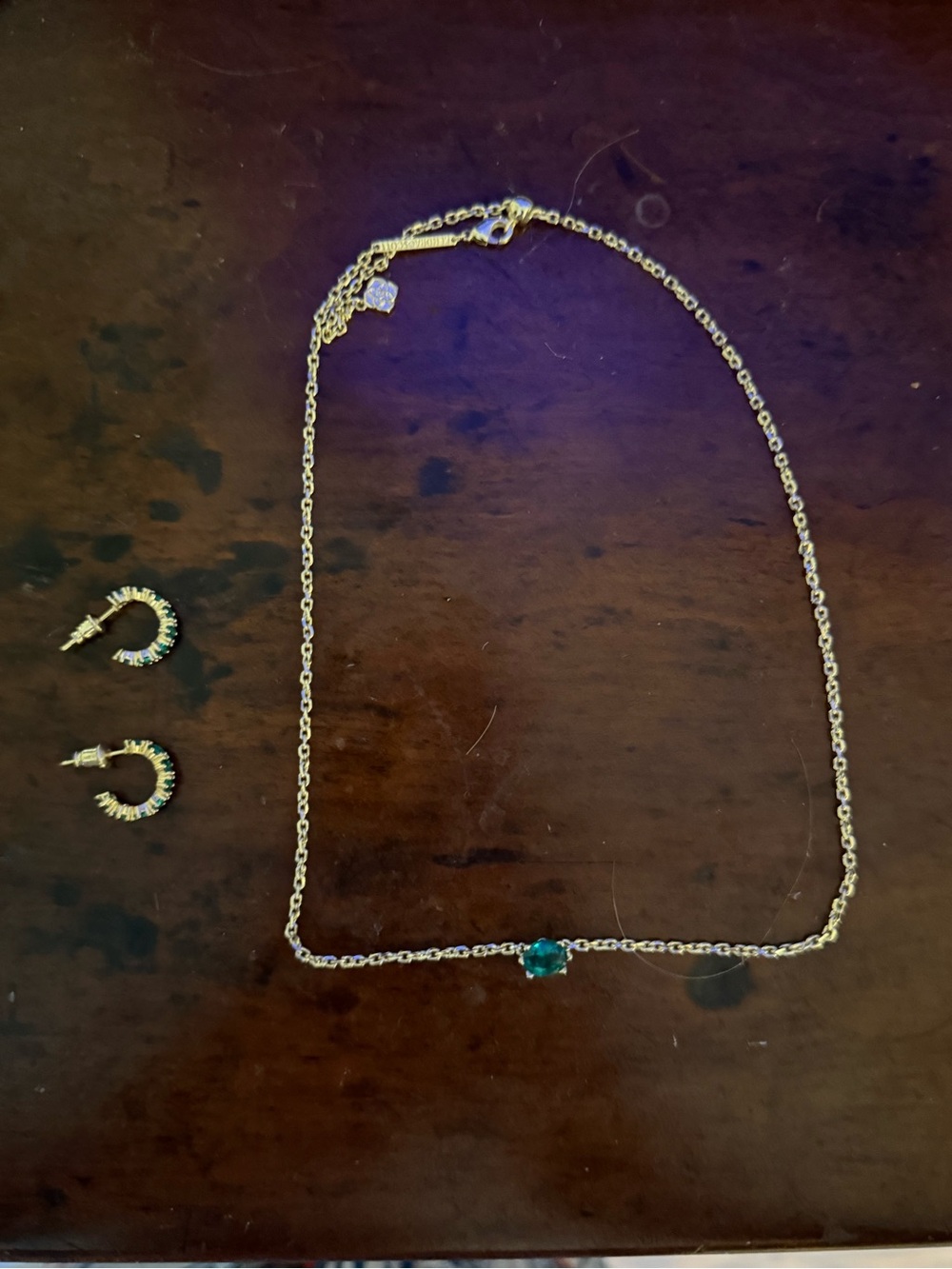 Kendra Scott Gold Necklace and matching earrings with Emerald Green Stone